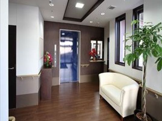 濃い色合いのフローリング仕様の床、ソファ、観葉植物など