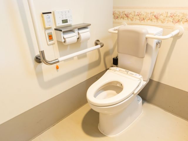 安全設計のトイレ トイレ 手すりが設置されたトイレです。安全に配慮した設計で、使いやすさを重視しています。