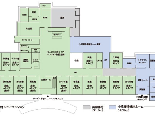 ゆとりある配色の施設配置図 内観 ゆったりとしたスペース配分が確認できる施設の配置図です。明瞭な表示で、各部屋の位置関係が把握しやすくなっています。