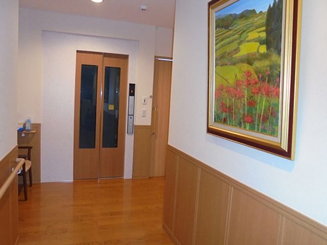 色彩豊かな絵の廊下 廊下 木目調の温かみある廊下です。色彩豊かな絵が飾られ、明るい雰囲気を作っています。