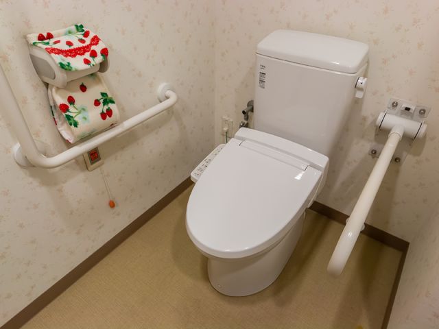 手すり付き洋式トイレ トイレ 安全かつ自立を支援する、手すり完備のトイレです。ご利用者の移動や立ち座りが容易になるよう配慮されています。