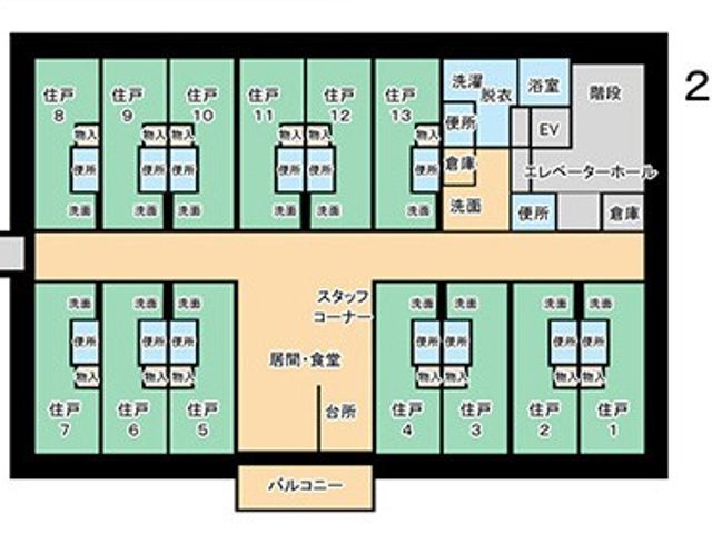 施設の間取り図2階 廊下 各居室にアクセスしやすい廊下の設計です。効率的な介護業務をサポートします。