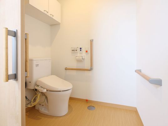 呼び出しボタンがついたトイレにはエル字型の手すりがあり、収納スペースも大きい。