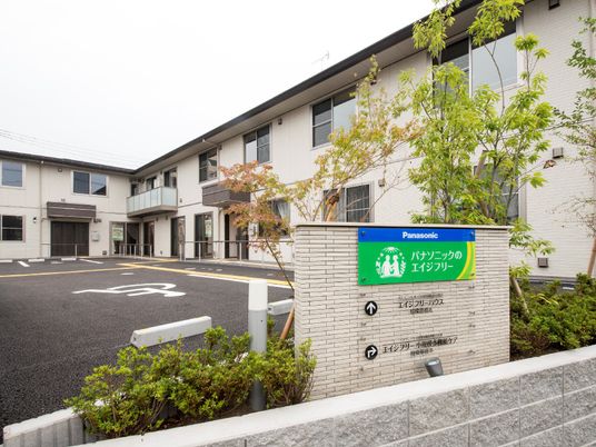 白い建物と緑の看板の外観