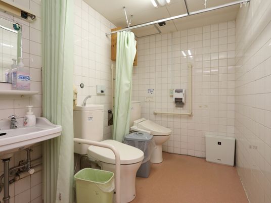 広々とした共用のトイレで、各便座の間はカーテンで仕切られるようになっている。手前には洗面台が設置されている。