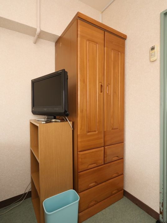 クローゼット横の棚の上に、テレビが１台設置されている。床にはグレーのカーペットが敷かれており、ごみ入れが置かれている。