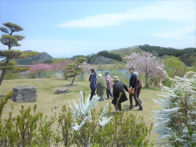 春の日差しを浴びる中庭 レクリエーション 広々とした中庭で、ゆったりと歩きながら四季折々の自然を身近に感じられる環境です。利用者がお散歩を楽しむ姿が印象的です。