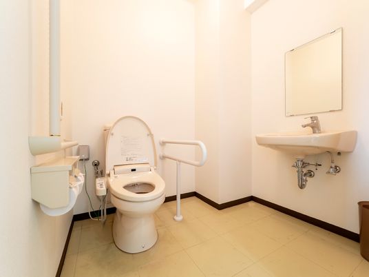 車椅子の方でも使いやすいよう、手すりが設置された洋式トイレ