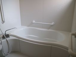 手すり付きの清潔な浴室