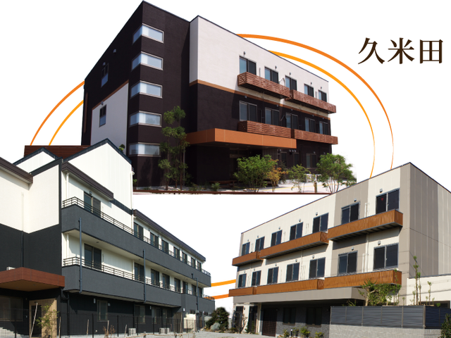 久米田の外観 外観   3棟の建物が並ぶ外観です。木目調のバルコニーがアクセントになり、落ち着いた印象です。