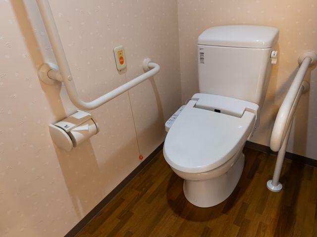 手すり付きのトイレ トイレ 手すりが設置されており、安全で使いやすいトイレです。介護に配慮された設計となっています。