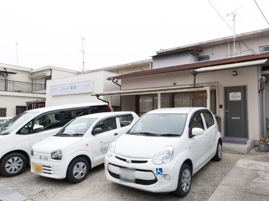 施設前の駐車場と外観