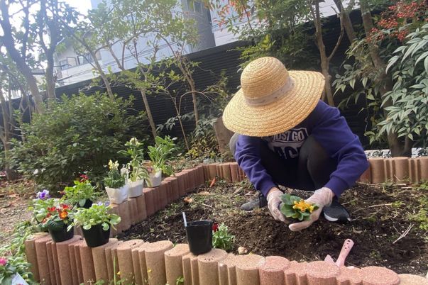 庭で植物の世話をする人