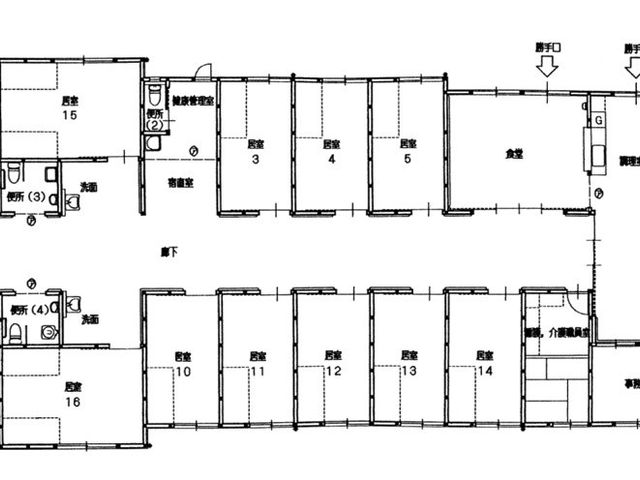 建物の間取り図 内観 広々とした居室や施設内の配置が分かる間取りです。快適な動線が確保されています。