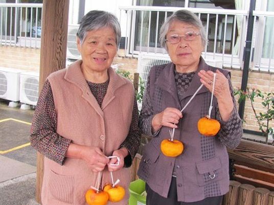 干し柿をつるす前の様子。女性入居者２名が白いビニールひもが付いた柿を持っている。