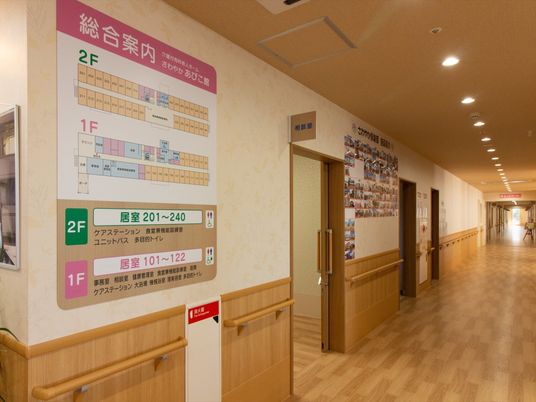 明るい施設の廊下案内図