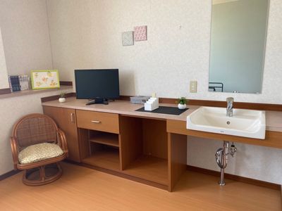 居室の洗面台とテレビ