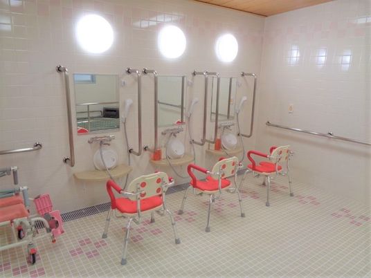 シャワーがずらりと並んだ浴室。シャワーチェアも置かれ、それぞれのシャワーには手すりが設置されている。