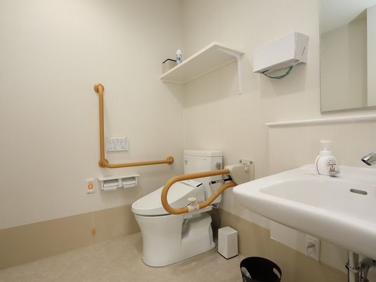 トイレは広いスペースである。隅に便座があり、木製の手すりが両側についている。その隣には、手洗い場が設置されている。