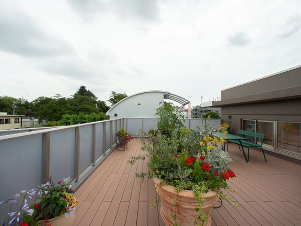屋上庭園の明るい景色