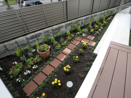 色とりどりの花が咲く中庭