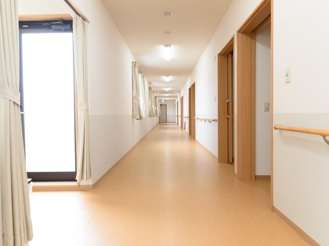明るい廊下の風景 廊下 広々とした通路は手すり付きで、歩行に不安がある方も安心してお過ごしいただける設計です。
