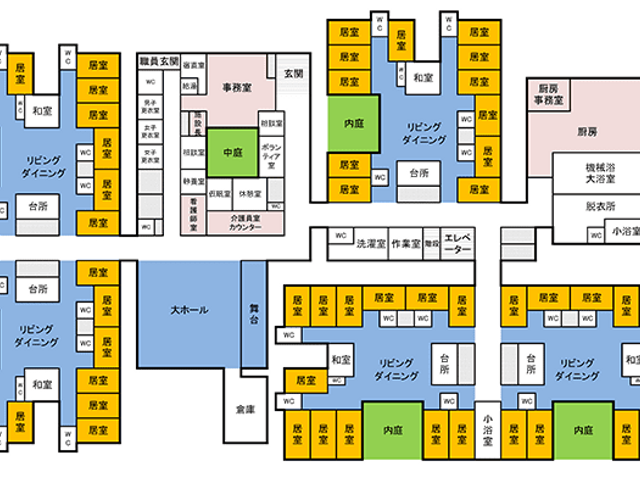 施設の設計図 居室 居室やリビングをはじめ、機能的に配置されたエリアは、働きやすい環境です。
