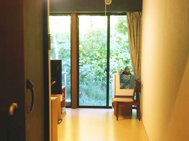 自然光が入る廊下 廊下   大きな窓から緑が見える、明るく落ち着いた廊下です。家具も置かれており、休憩しやすい雰囲気です。