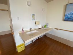 洗面台と手すりのある部屋