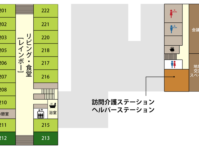 訪問介護サービスの案内図 掲示物 リビング・食堂「レインボー」や会議室など、多彩な施設の配置が一目でわかります。