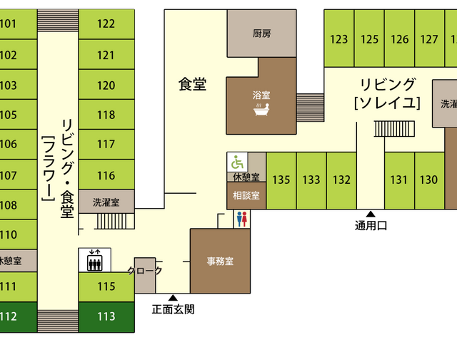 明るい配置図面 内観 施設内の配置が一目で分かる図面です。主要な部屋や設備の場所が把握しやすいです。