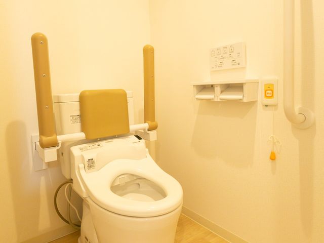 バリアフリー設計のトイレ トイレ 安全に配慮された設備のトイレです。手すりがあり、安定した利用が見込まれる空間となっています。