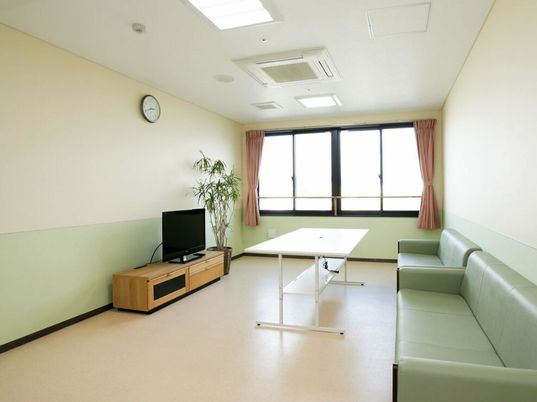 大きな窓にはピンクのカーテンが付き、左側にはテレビボードがありテレビが置かれ、右側には大きなソファが置かれている。