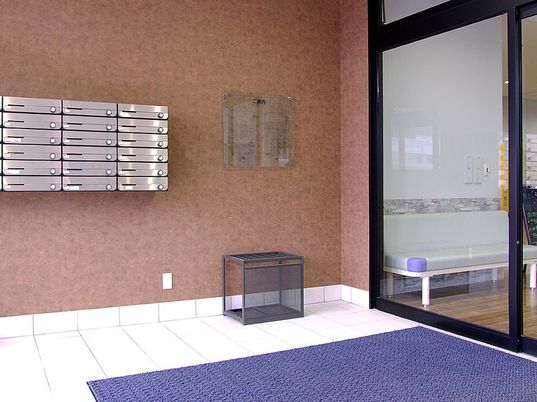 大きなガラス戸の自動ドアがあり、マットが敷かれている玄関。入居者一人ひとりに専用のポストも設けられている。