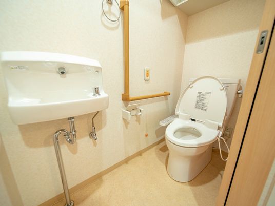 タンク付きの洋式便器と手洗器が設置された空間。壁面にＬ字型の手すりと非常用ボタンが取り付けられている。