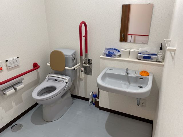 清潔なトイレ トイレ 広々としたトイレには安全に配慮された手すりが設置されており、安心して利用できます。