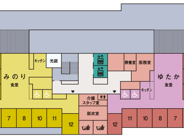 広々とした居室 居室 ゆとりある居室は、明るい色合いで落ち着いた雰囲気です。個々の生活スタイルに合わせた空間を提供します。