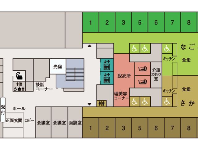 多機能な居室の配置図 居室 ゆとりある居室配置を備え、安心して生活いただける空間です。明瞭なレイアウトで日々の活動がしやすくなっています。