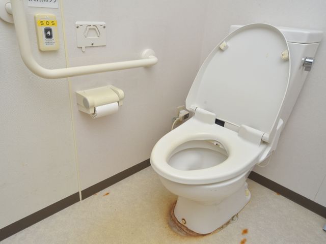 手すり付きトイレの観察 トイレルーム 安心の手すりが設置された清潔感のあるトイレです。緊急時にも対応できるよう、安心のSOSコールが備えられております。