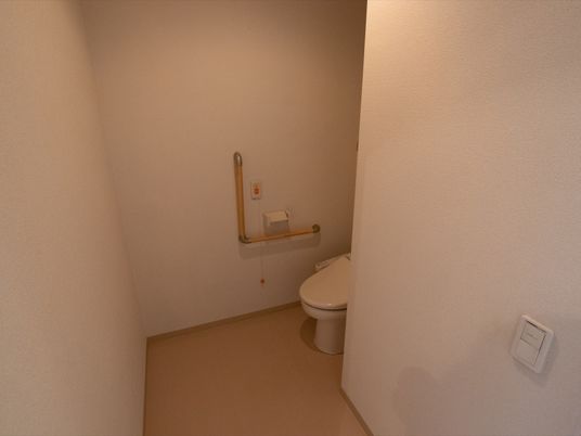 L字スペースの奥にトイレがあり、その横の壁に手すり、ペーパーホルダー、オレンジ色の緊急用コールボタンが付いている。