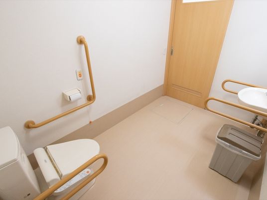 トイレの出入り口は、木目調デザインのスライドドアになっている。右端には洗面台があり、手すりの下にゴミ箱が置いてある。