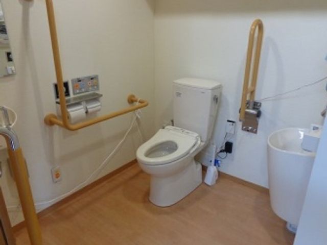バリアフリー対応の洗面所 共有トイレ 安全に配慮された手すり付きトイレです。快適かつ自立した日々をサポートする設備が整っています。