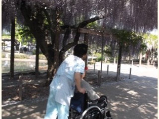 車椅子を押す介護スタッフ スタッフ・入居者様 広々とした中庭で、スタッフが車椅子に乗る方をサポートしています。四季折々の自然を感じながら、心地よい散歩ができる環境です。