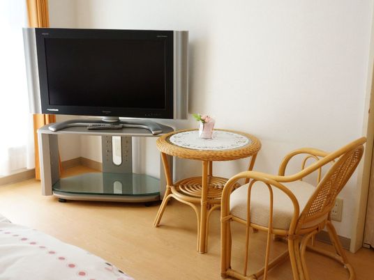 ベッドと反対側の壁には薄型のテレビと籐の円形のテーブルと椅子が１脚置かれている。椅子の下にはコンセントがある。