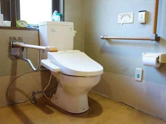 壁には手すりと緊急用の呼出ボタンが設置されている。便器の後ろには窓があり明るい。時計も置かれている。
