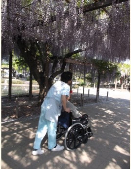 車椅子を押すスタッフと利用者