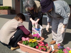 中庭の花植え風景