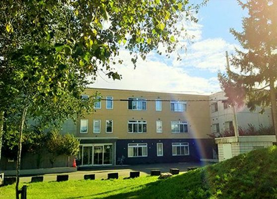 緑に囲まれた建物外観