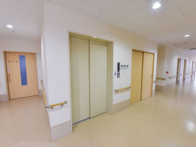 廊下に並ぶ複数の扉 エレベーター 清潔感のある廊下に手すりが設置されており、歩行時の安全をサポートしています。様々な扉が連なるこの設計は、快適な移動を促しています。