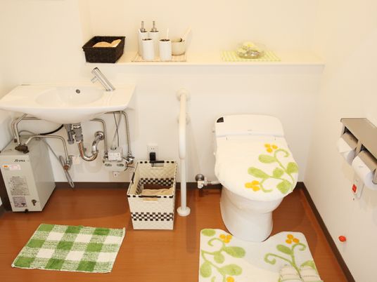 白色の壁に温かい茶色の床、便器と洗面台が並んで設置されている。壁際は棚になっていて、ソープや歯ブラシなどが置かれている。